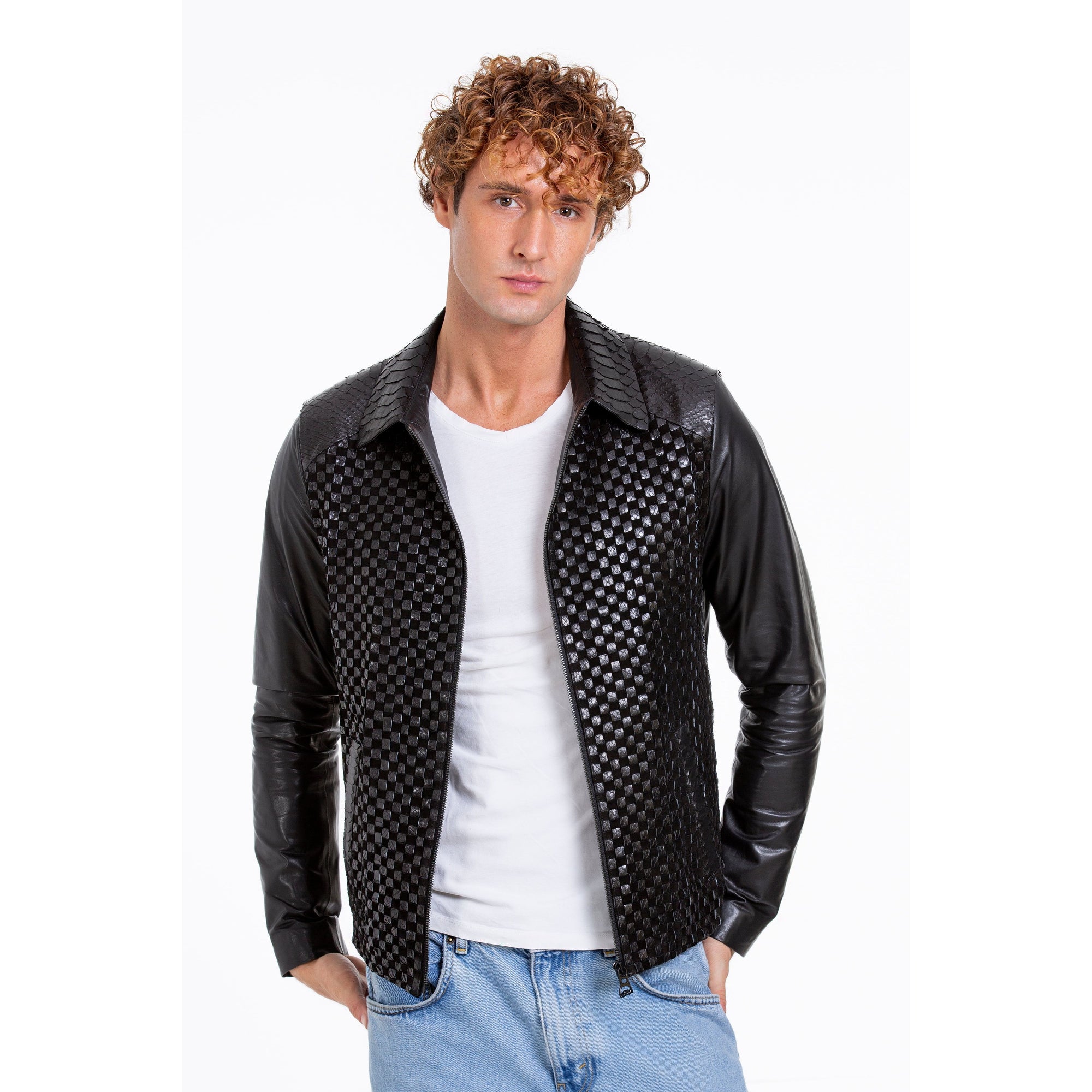 The Bedford Pythn Skin Handwoven Leather Black Men Jacket
