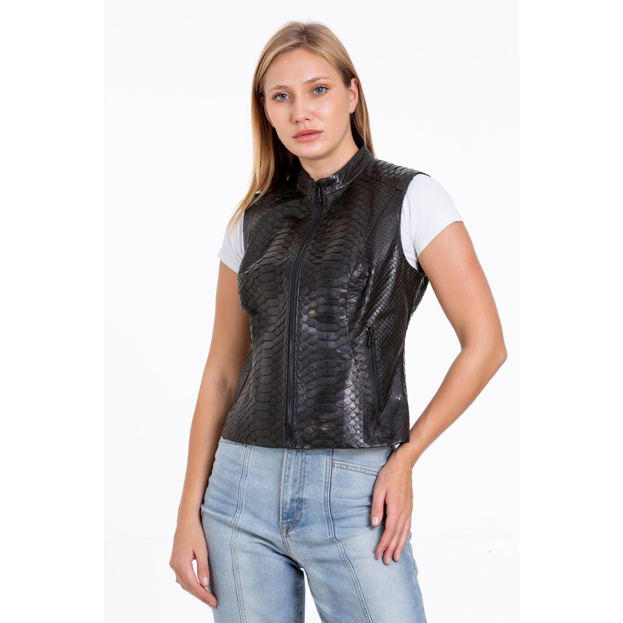 The Strasbourg Pythn Skin Leather Black Zip-Up Vest Women Jacket
