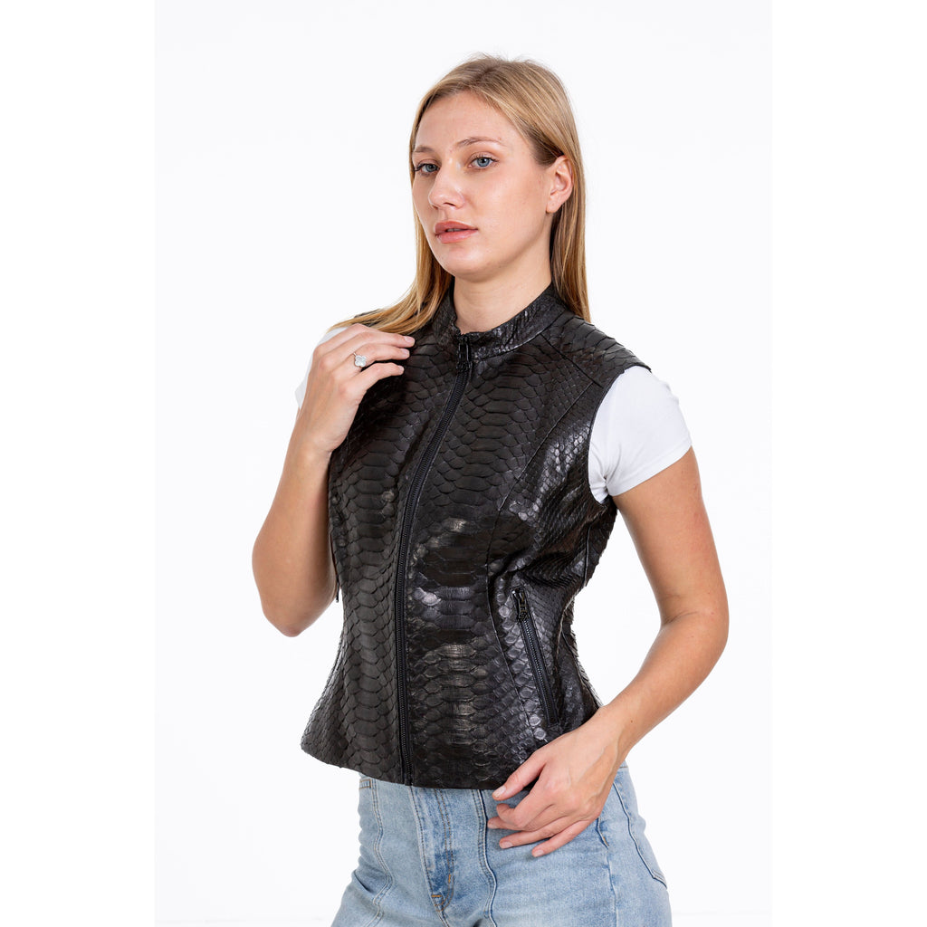 The Strasbourg Pythn Skin Leather Black Zip-Up Vest Women Jacket