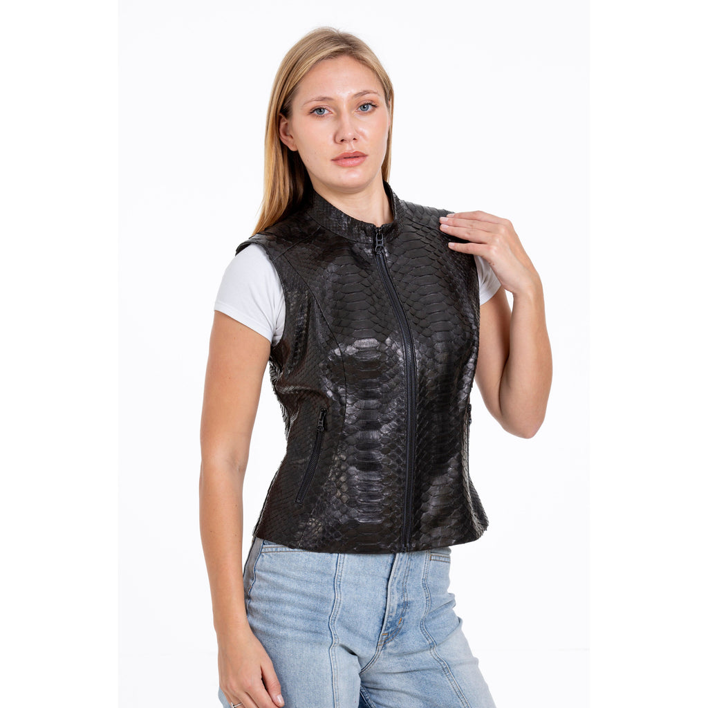 The Strasbourg Pythn Skin Leather Black Zip-Up Vest Women Jacket