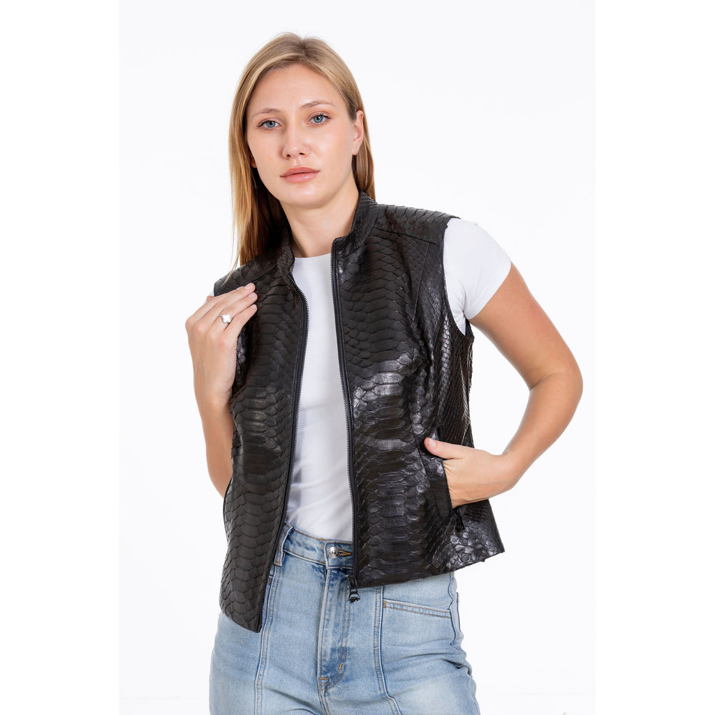 The Strasbourg Pythn Skin Leather Black Zip-Up Vest Women Jacket