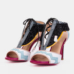 The Santa Amaro White Glitter Leather T-Strap Lace -Up Women Sandal