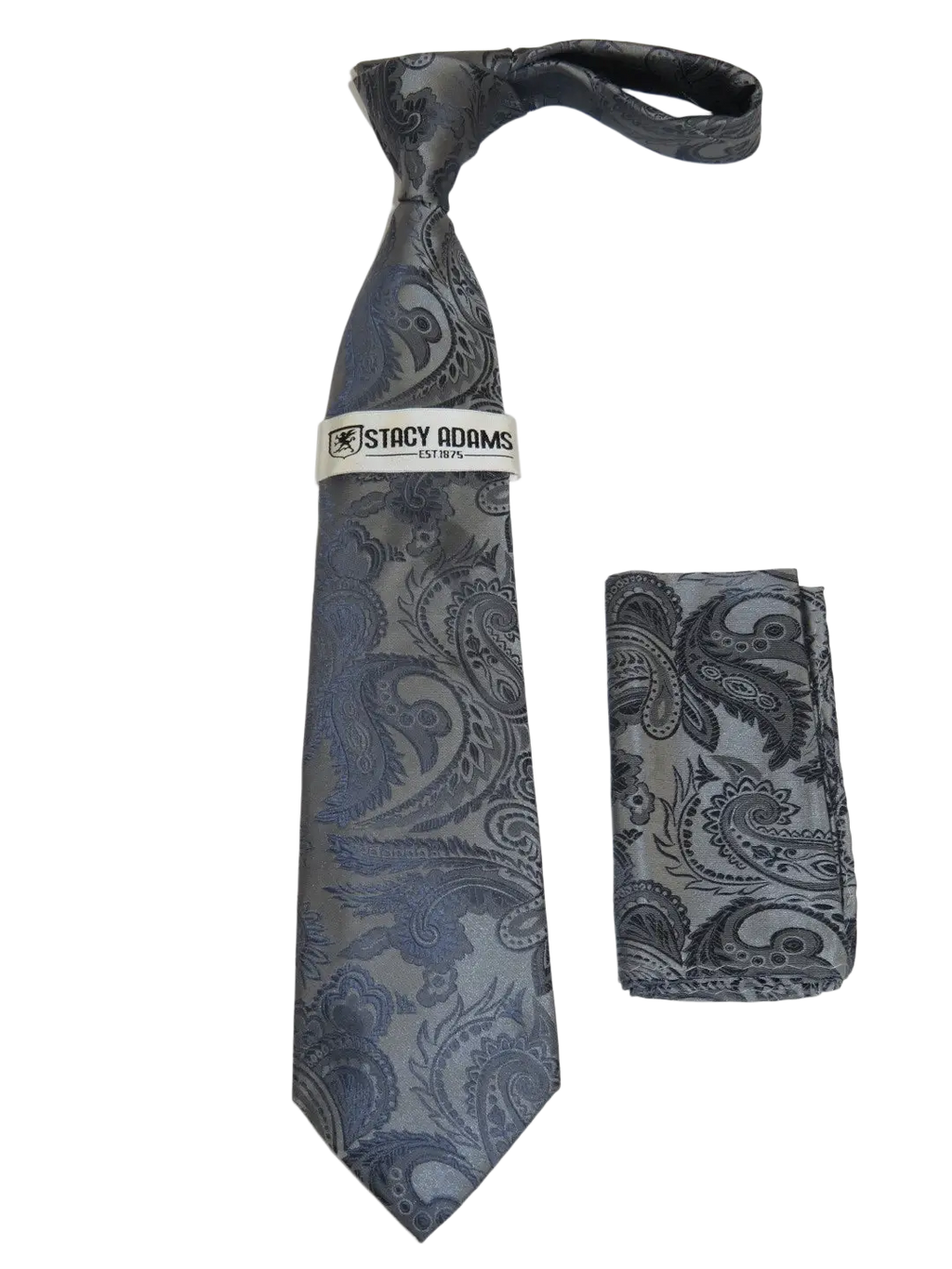 Men's Stacy Adams Tie and Hankie Set Woven Silky Satin #SAT104 Gray Paisley