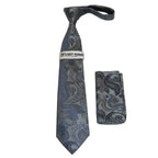 Men's Stacy Adams Tie and Hankie Set Woven Silky Satin #SAT104 Gray Paisley