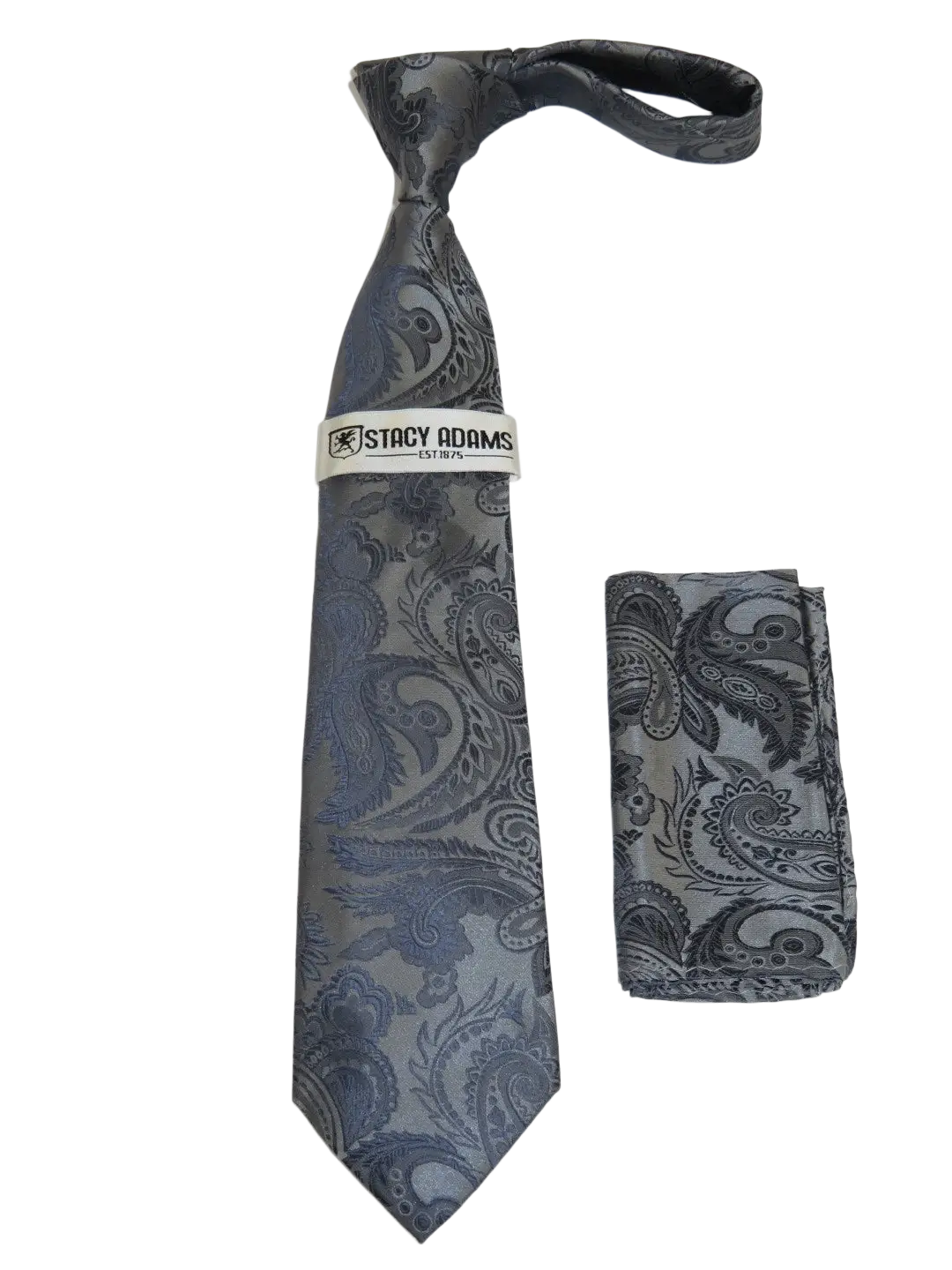 Men's Stacy Adams Tie and Hankie Set Woven Silky Satin #SAT104 Gray Paisley