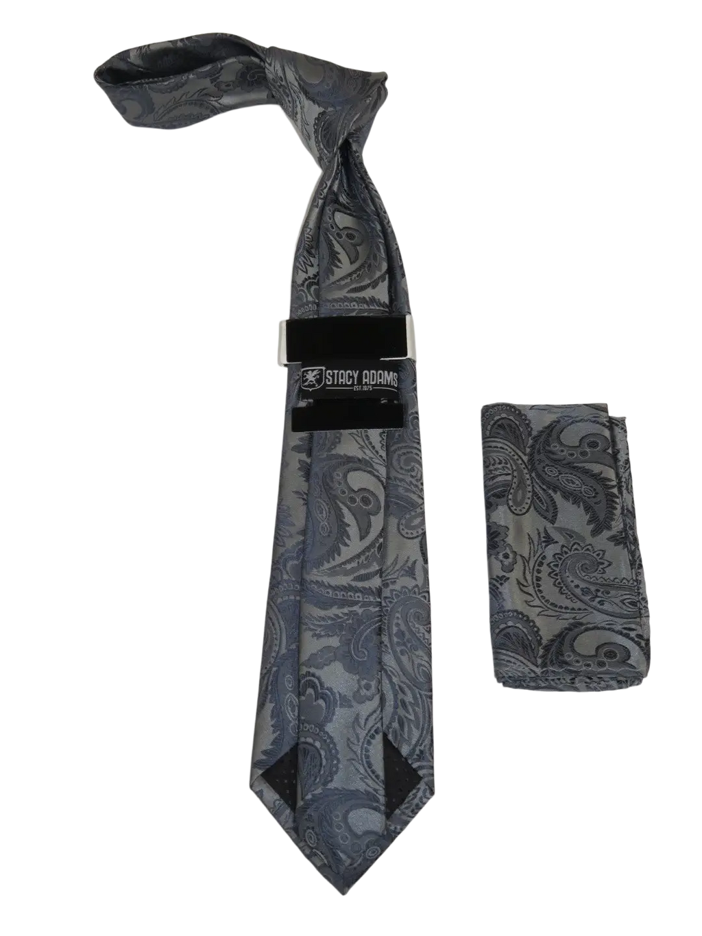 Men's Stacy Adams Tie and Hankie Set Woven Silky Satin #SAT104 Gray Paisley