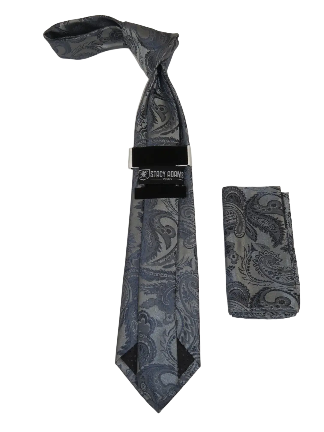 Men's Stacy Adams Tie and Hankie Set Woven Silky Satin #SAT104 Gray Paisley