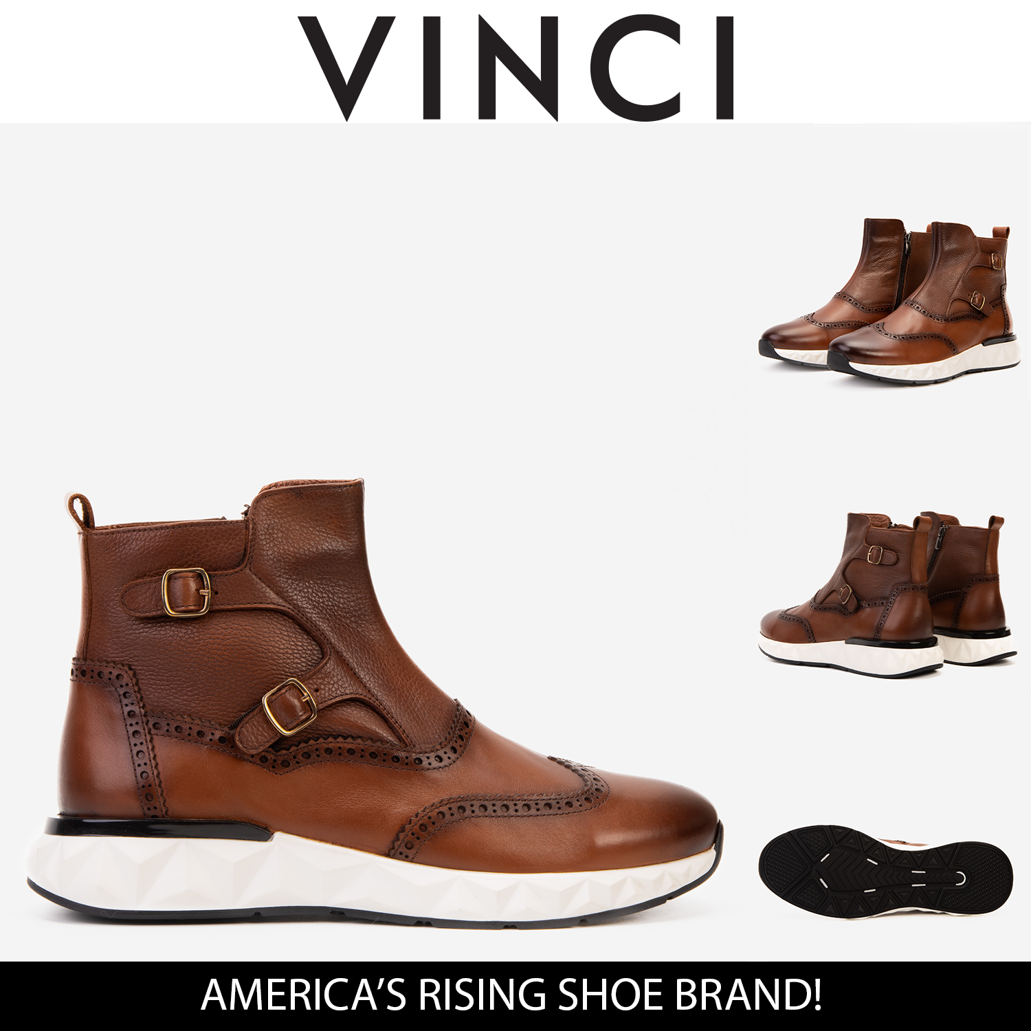 Vinci The Stealth Wingtip Buckle Tan Leather Men Boot