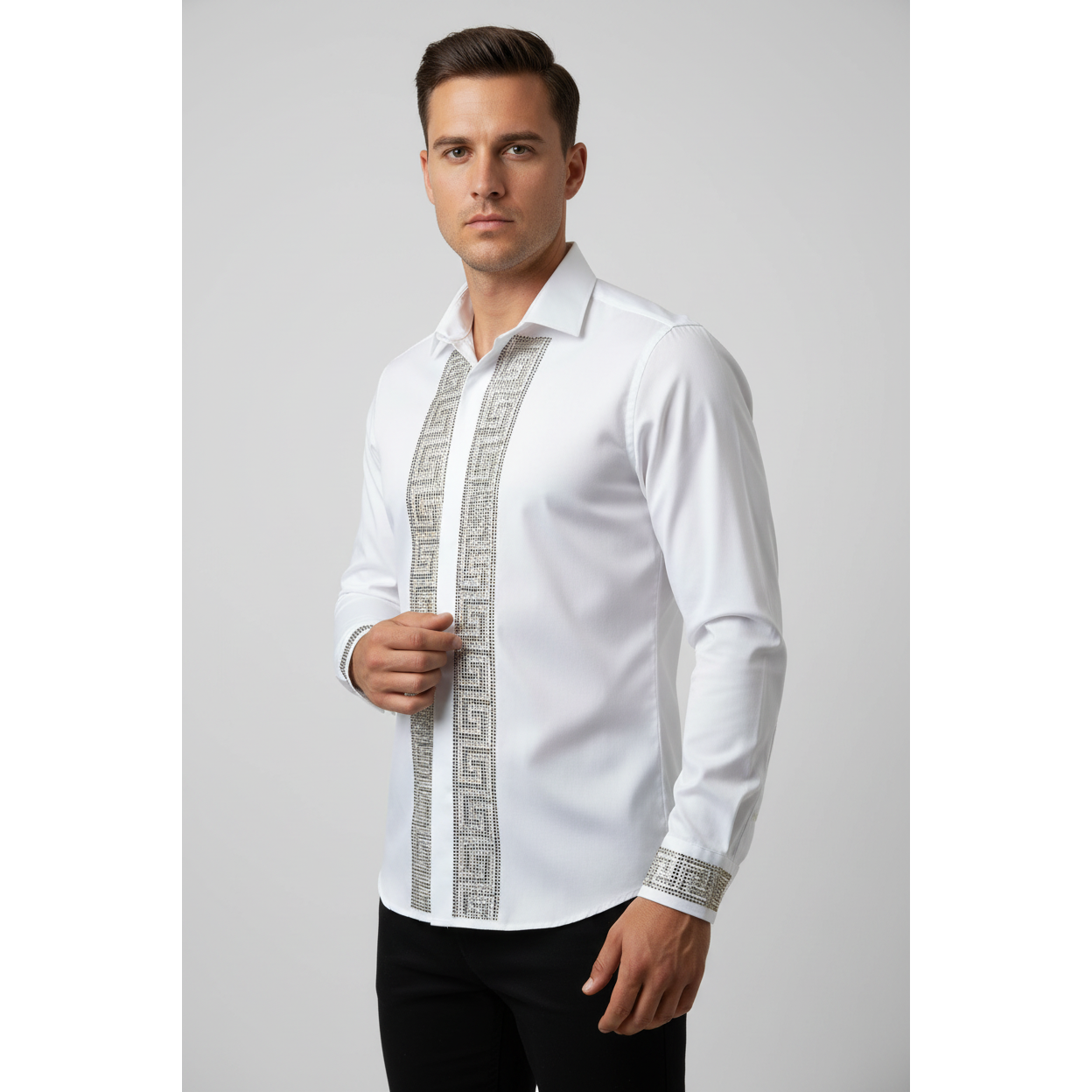 Men CEREMONIA Turkey Shirt 100% Cotton Fancy Rhine Stones #TSV 13 White Slim Fit