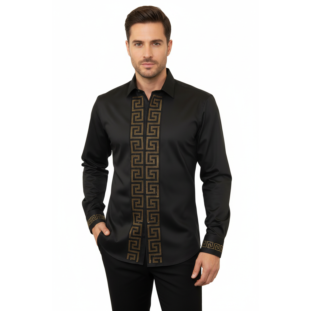 Men CEREMONIA Turkey Shirt 100% Cotton Fancy Rhine Stones #TSV 15 Black Slim Fit