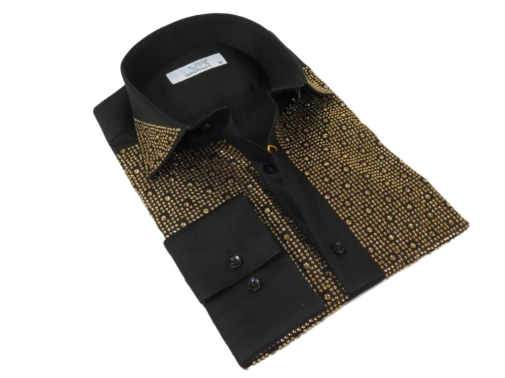 Men CEREMONIA Formal Cotton Shirt Rhinestone Slim Fit Turkey #Tokyo 015 Black