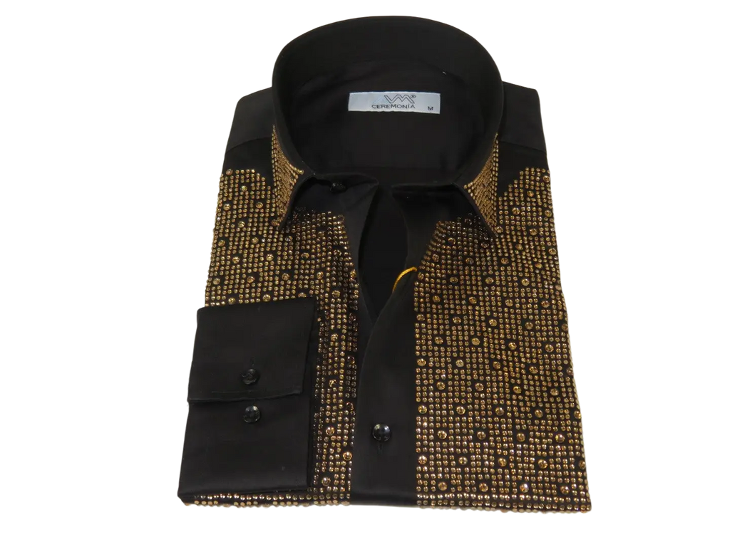 Men CEREMONIA Formal Cotton Shirt Rhinestone Slim Fit Turkey #Tokyo 015 Black
