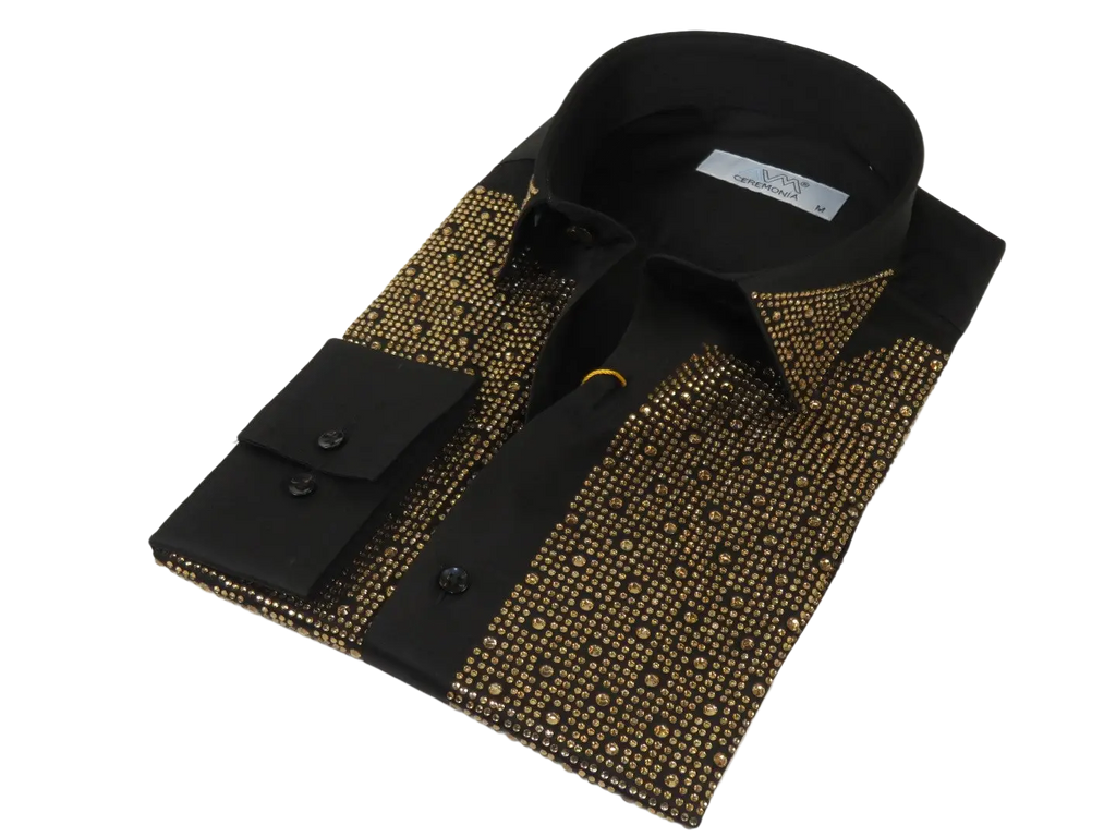 Men CEREMONIA Formal Cotton Shirt Rhinestone Slim Fit Turkey #Tokyo 015 Black