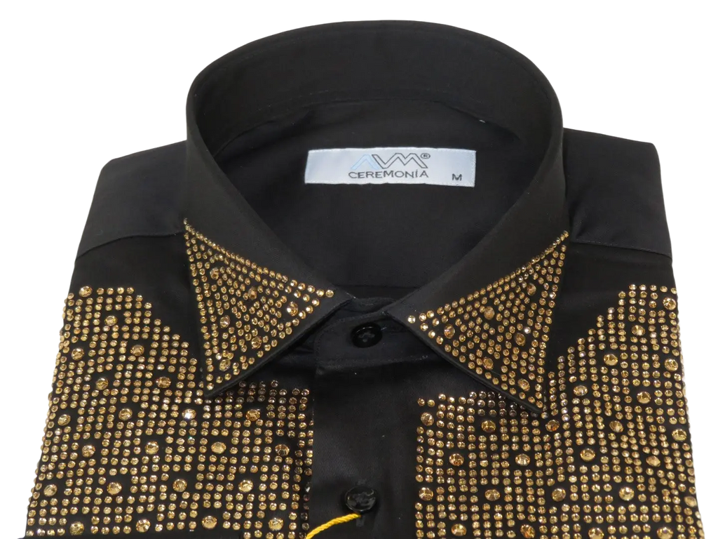 Men CEREMONIA Formal Cotton Shirt Rhinestone Slim Fit Turkey #Tokyo 015 Black