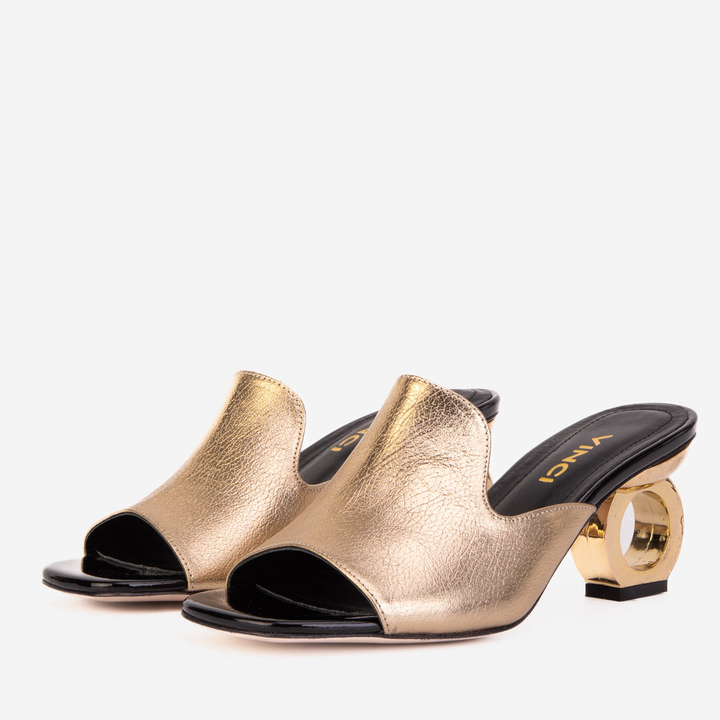 Vinci The Tory Gold Leather Women Sandal Elegant Gold circle Heel