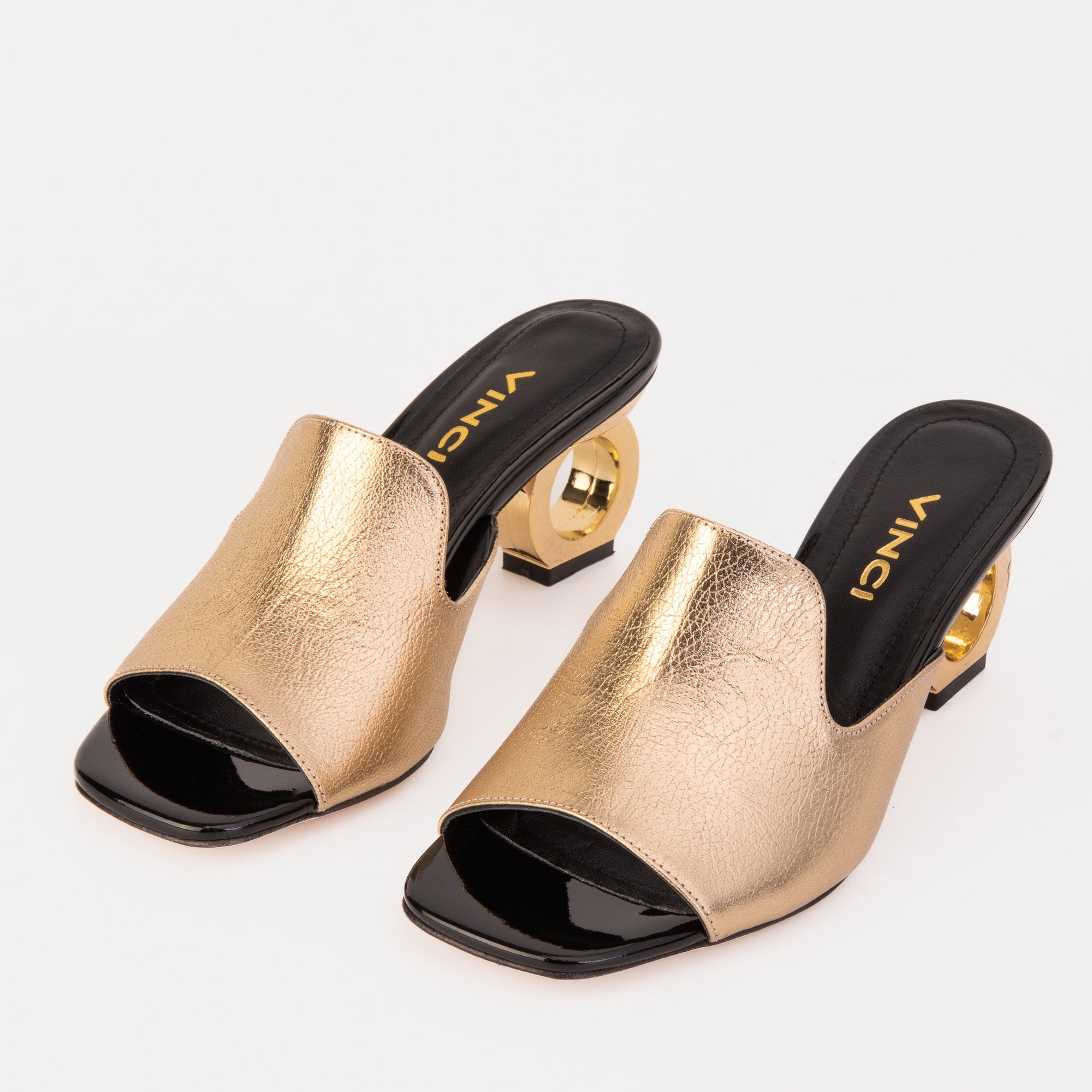 Vinci The Tory Gold Leather Women Sandal Elegant Gold circle Heel