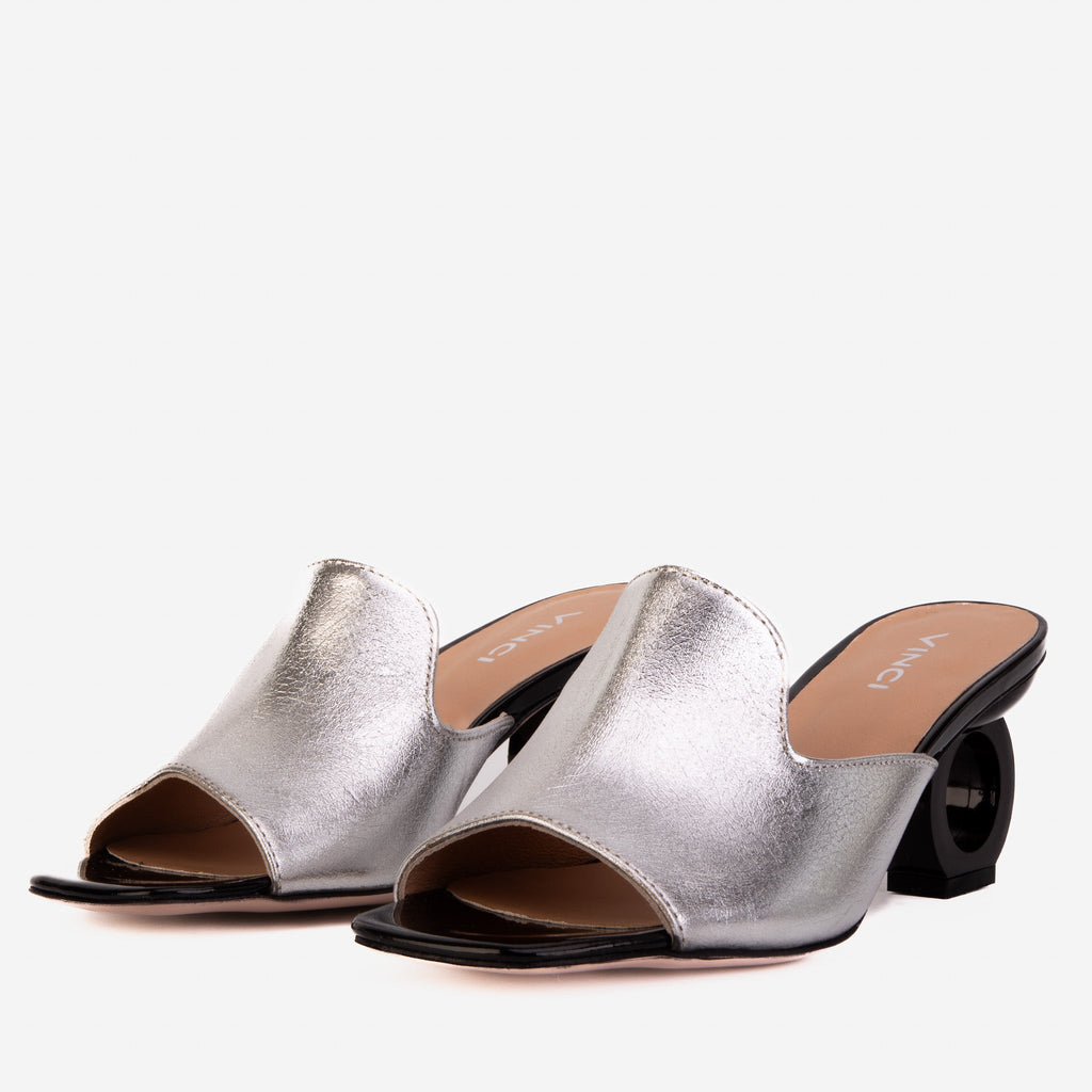 Vinci The Tory Silver Leather Women Sandal Circle Heel Design