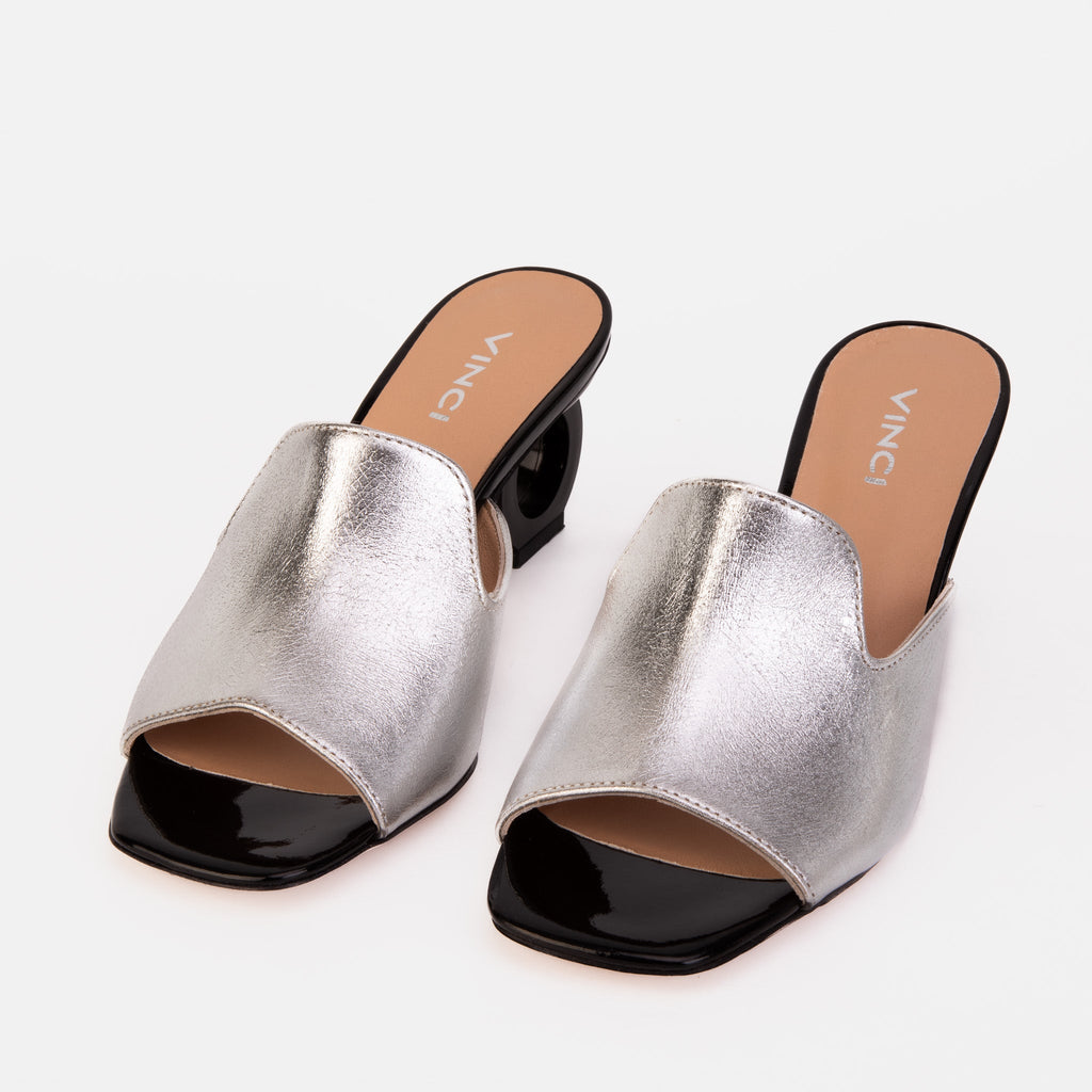 Vinci The Tory Silver Leather Women Sandal Circle Heel Design