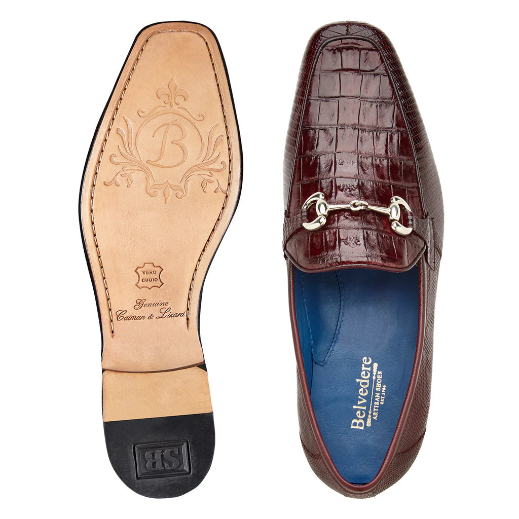 Belvedere Udine Shoes Genuine Caiman Crocodile and Lizard Loafer 1030 Burgundy
