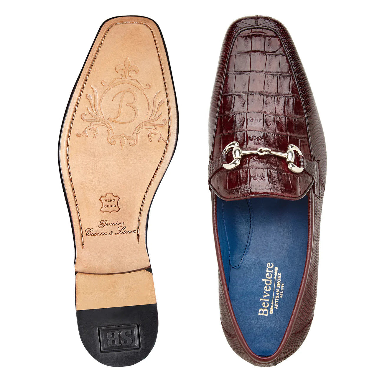 Belvedere Udine Shoes Genuine Caiman Crocodile and Lizard Loafer 1030 Burgundy
