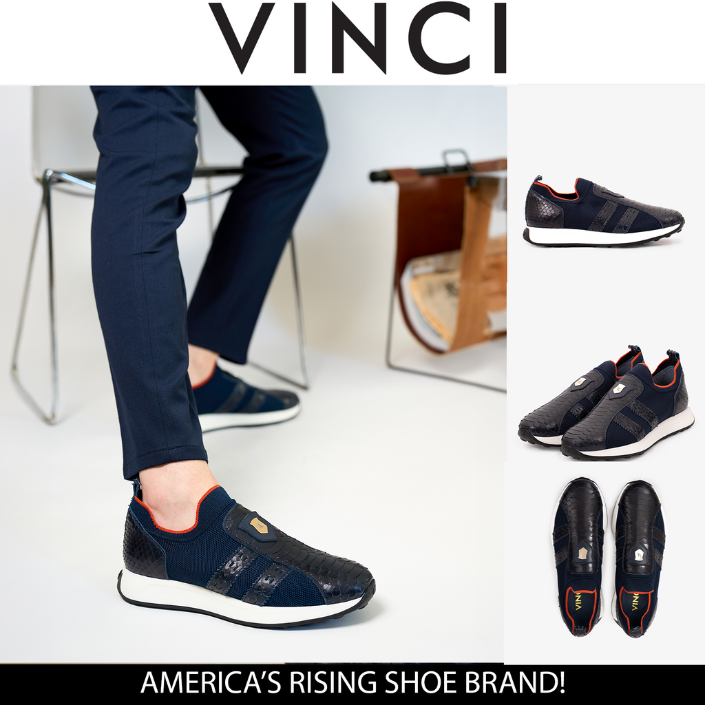 Vinci The Aslan Navy Knitted & Leather Men Leather Dress Sneaker