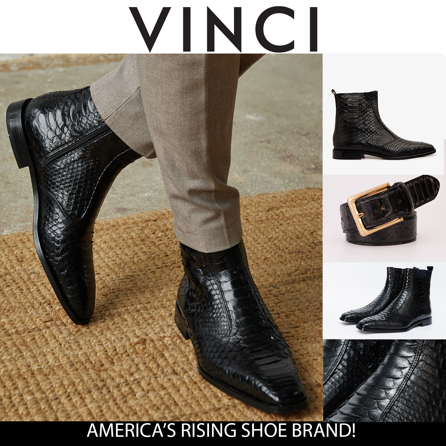 Vinci The Boss Black Snake Zip-Up Leather Men Boot Limited Edition