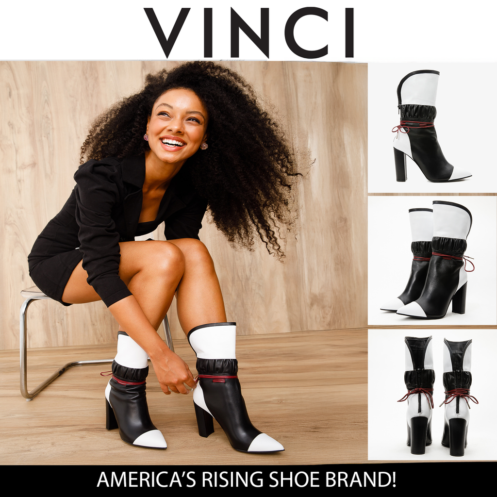 Vinci The Lucca Black & White Leather Mid Calf High Heel Women Boot Limited Edition