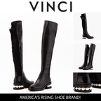 The Valeria Pearl Heel Knee-High Women Black Leather Boot