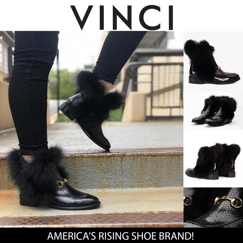 Vinci The Izmir Black Patent Leather Natural Fur Mid Calf Women  Boot