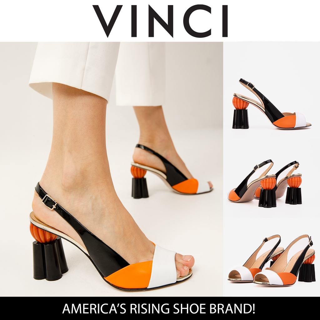 Vinci The Rize Black & Orange Pumpkin Heel Leather Women Sandal