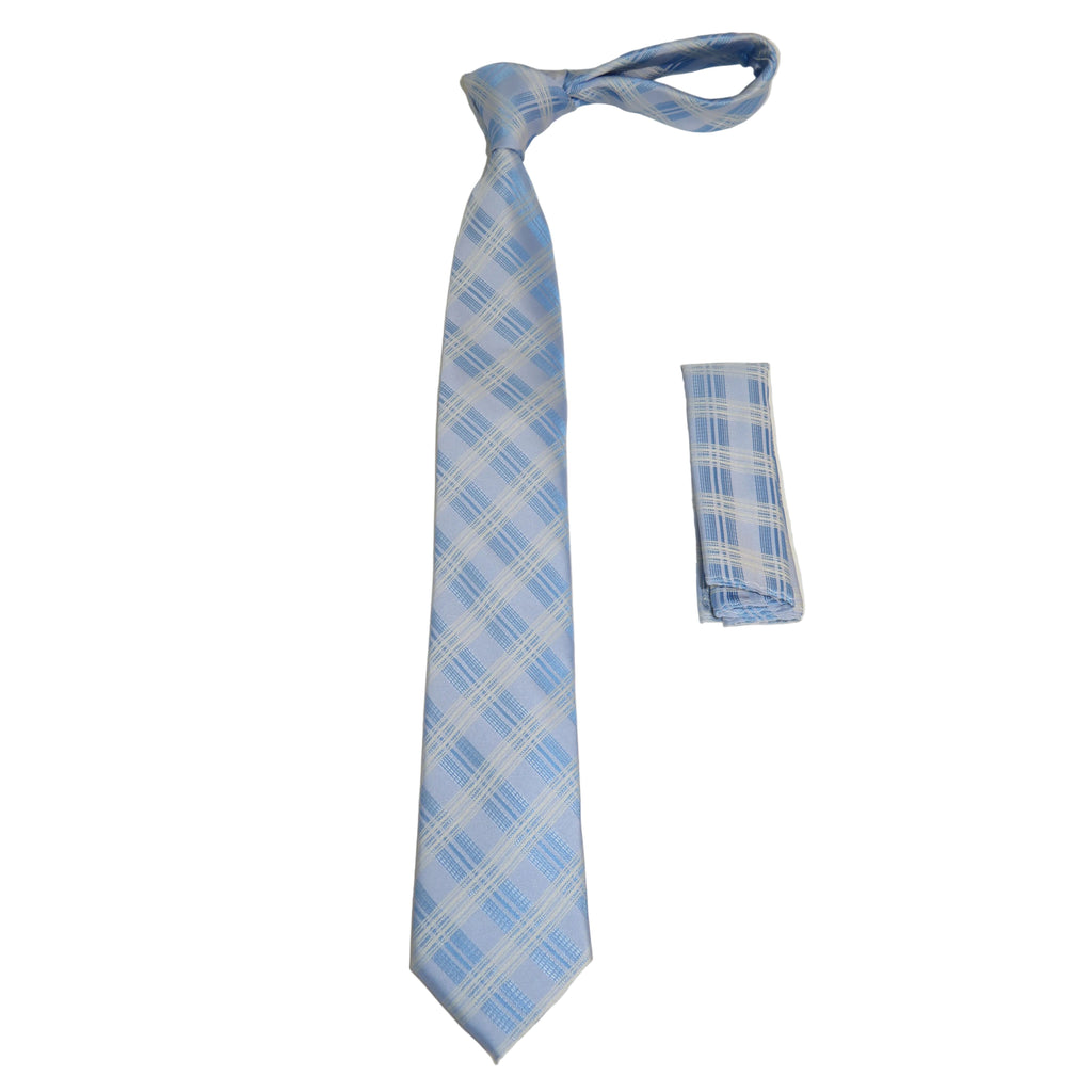 Mens Narrow Tie/Hankie Set Woven Vito Rofolo by J.Valintin VTR-115 Blue Plaid