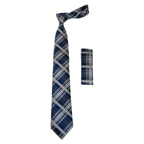 Mens Narrow Tie/Hankie Set Microfiber Silky Vito Rofolo VTR-92 Blue White Plaid