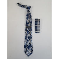 Mens Narrow Tie/Hankie Set Microfiber Silky Vito Rofolo VTR-92 Blue White Plaid