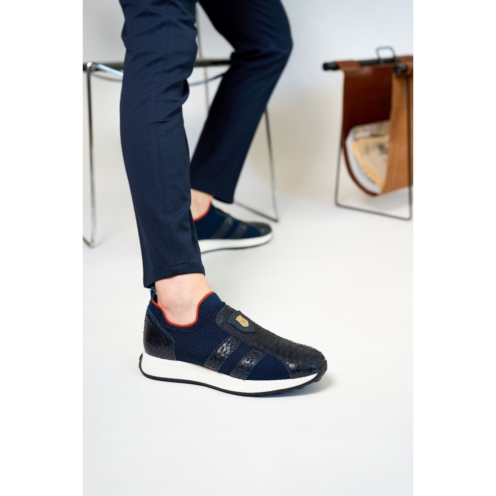 Vinci The Aslan Navy Knitted & Leather Men Leather Dress Sneaker