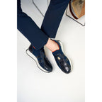 Vinci The Aslan Navy Knitted & Leather Men Leather Dress Sneaker