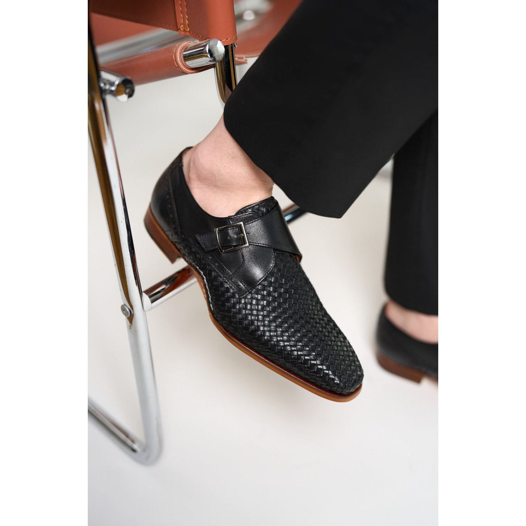 Vinci The Rolls  Woven Black Leather Single Monk Strap  Handmade Men Shoes