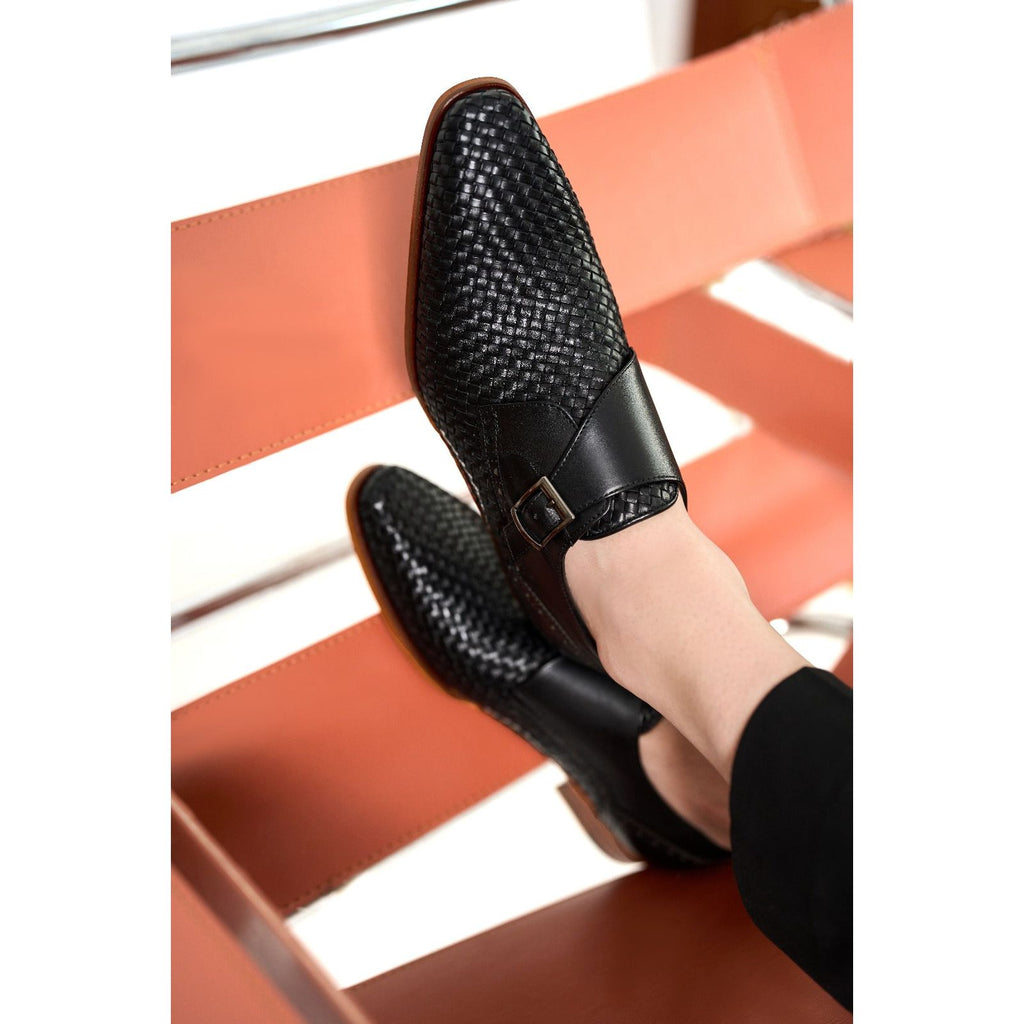Vinci The Rolls  Woven Black Leather Single Monk Strap  Handmade Men Shoes