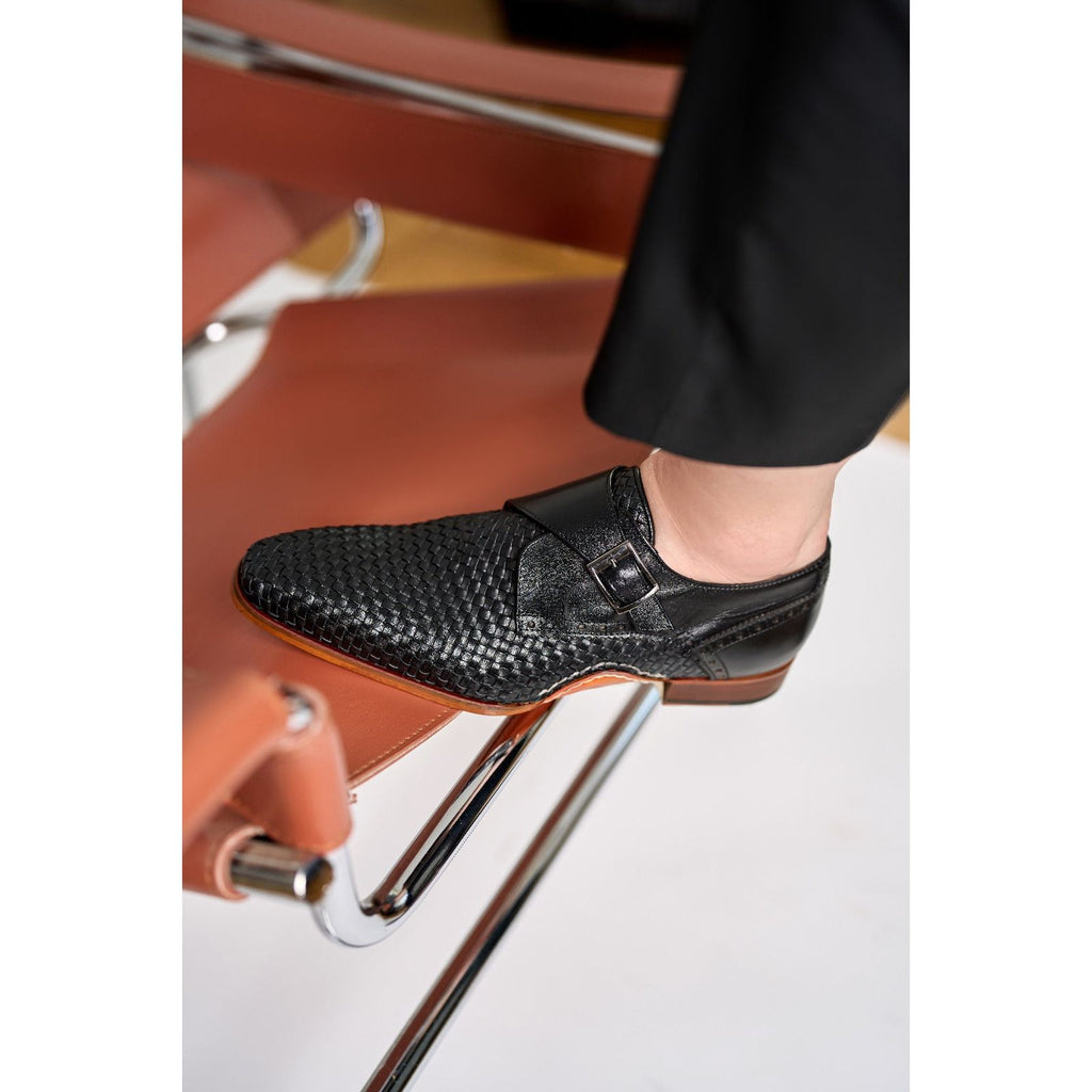 Vinci The Rolls  Woven Black Leather Single Monk Strap  Handmade Men Shoes