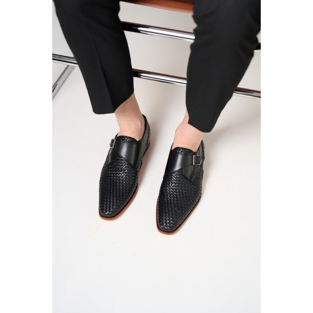 Vinci The Rolls  Woven Black Leather Single Monk Strap  Handmade Men Shoes
