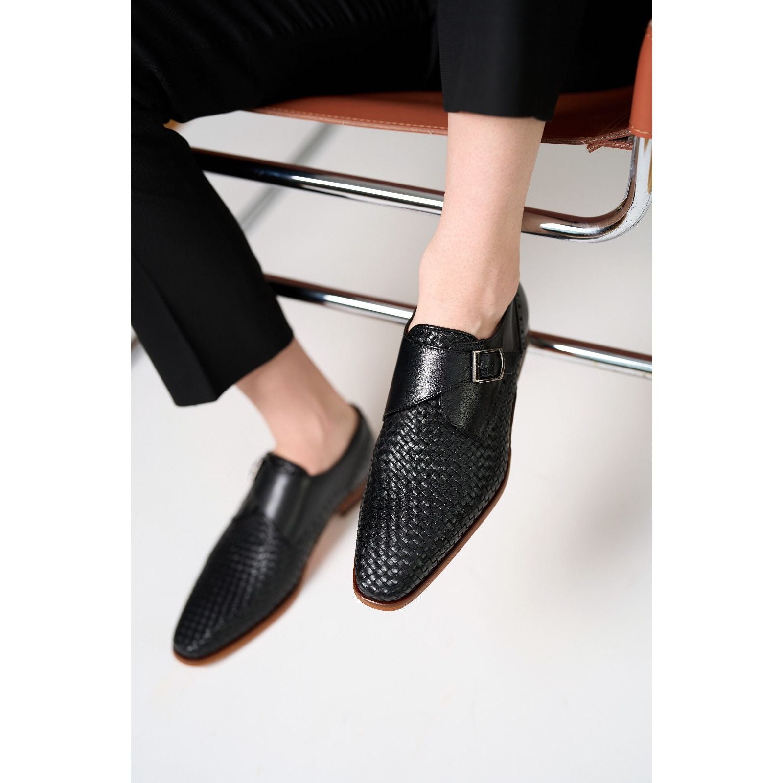 Vinci The Rolls  Woven Black Leather Single Monk Strap  Handmade Men Shoes