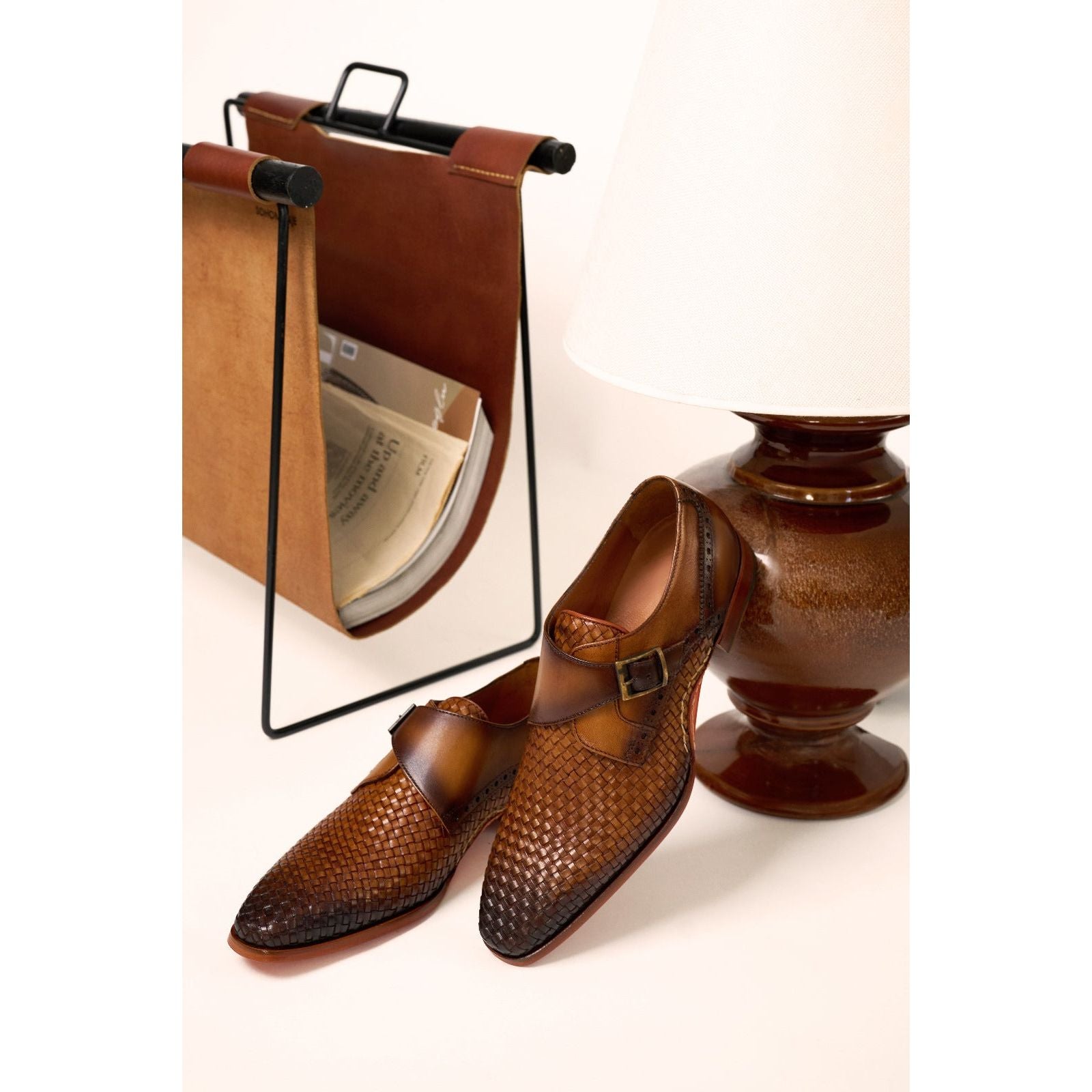 The Rolls  Woven Tan Leather Single Monk Strap  Handmade Men Shoe