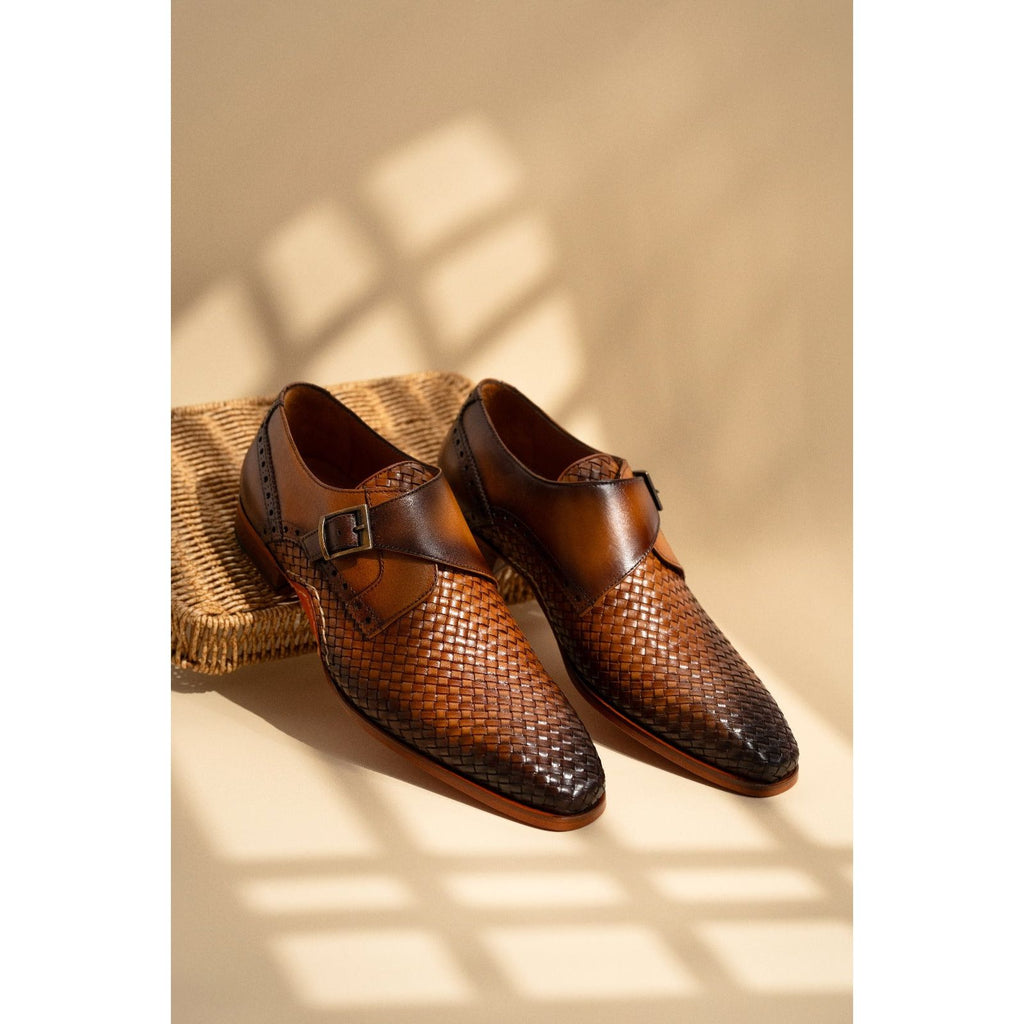 The Rolls  Woven Tan Leather Single Monk Strap  Handmade Men Shoe