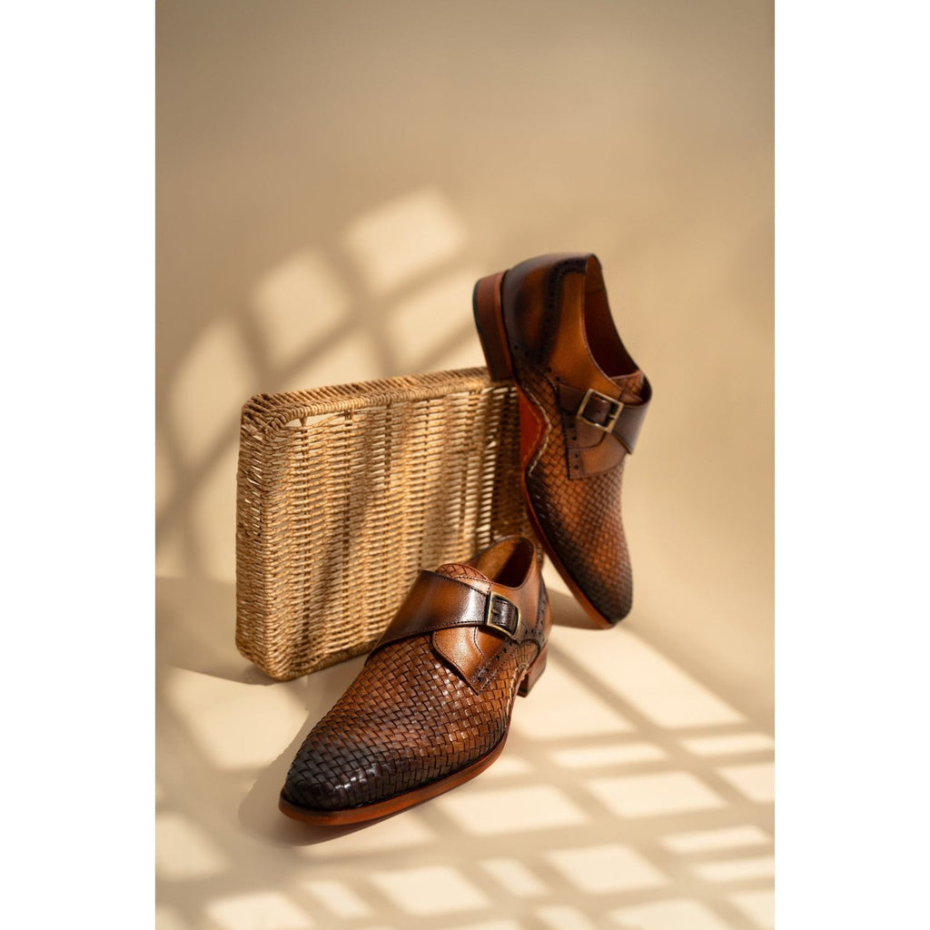 The Rolls  Woven Tan Leather Single Monk Strap  Handmade Men Shoe