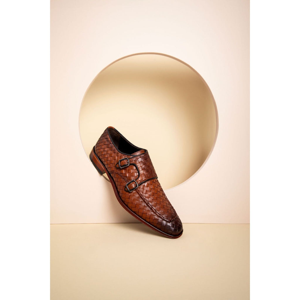 The Turan Brown Woven Double Monk Strap Dress Men Shoe