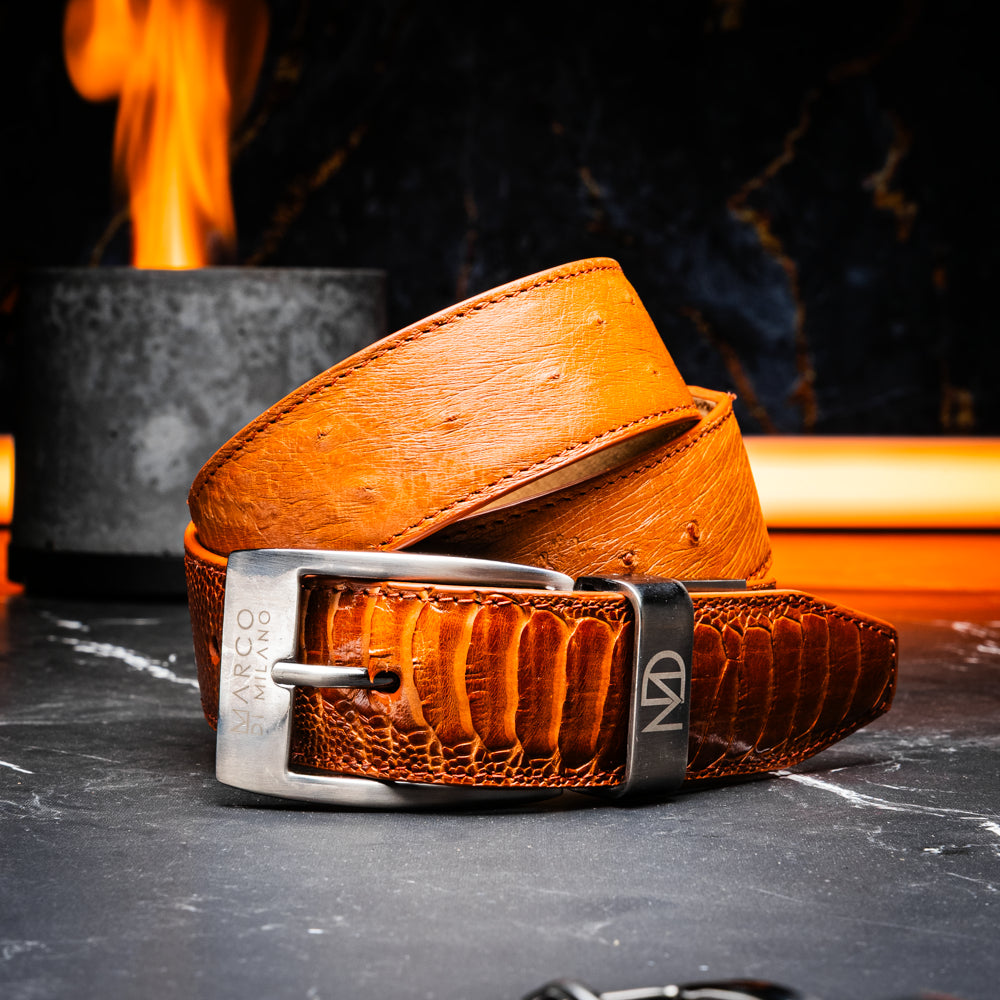 Alessio Genuine Ostrich &amp; Ostrich Leg Exotic Belt Cognac