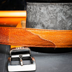Alessio Genuine Ostrich &amp; Ostrich Leg Exotic Belt Cognac