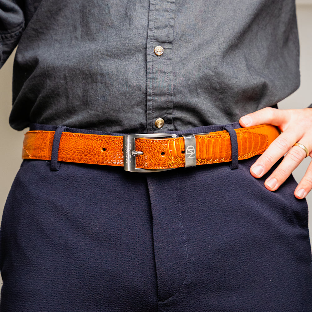 Alessio Genuine Ostrich &amp; Ostrich Leg Exotic Belt Cognac