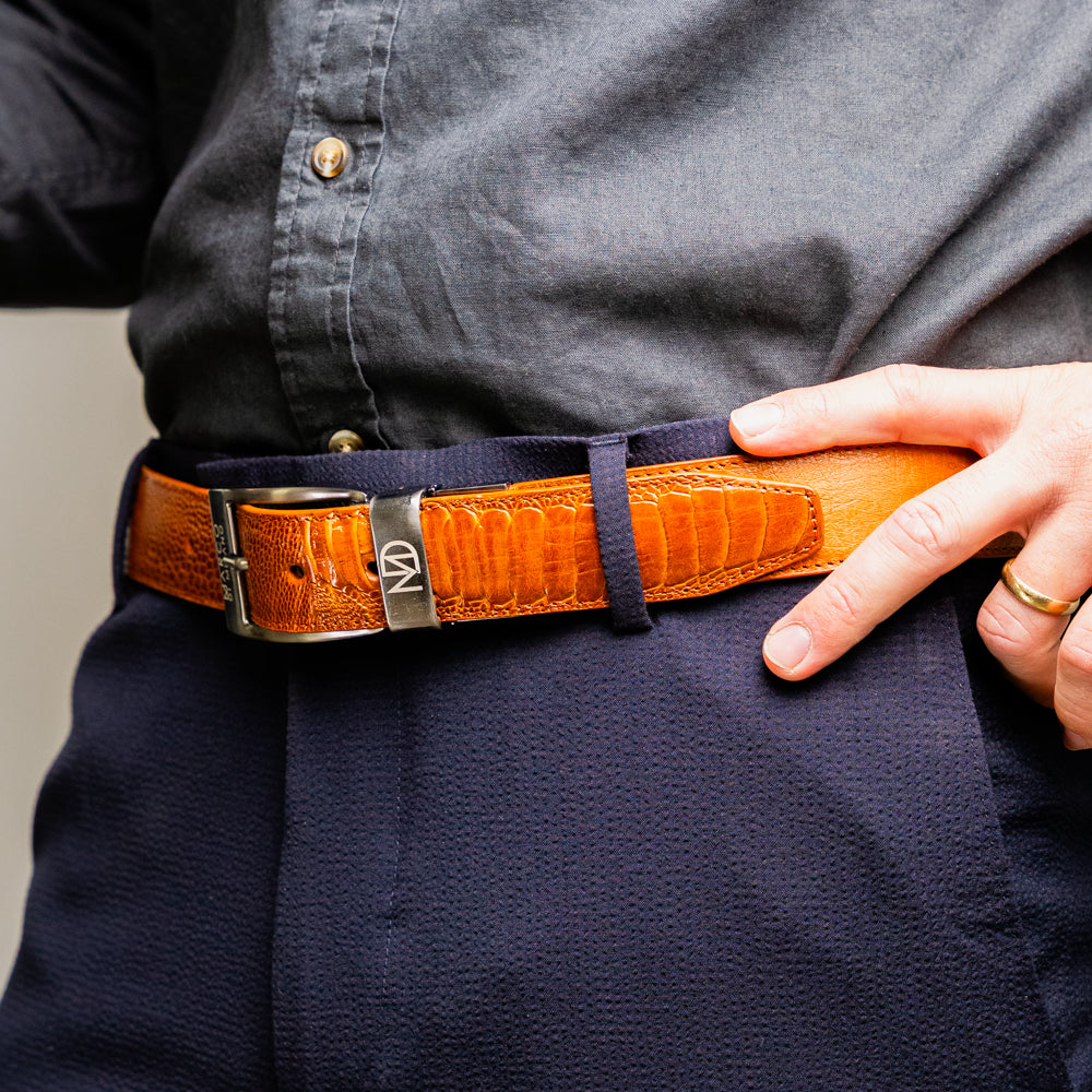 Alessio Genuine Ostrich &amp; Ostrich Leg Exotic Belt Cognac