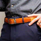 Alessio Genuine Ostrich &amp; Ostrich Leg Exotic Belt Cognac