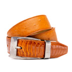 Alessio Genuine Ostrich &amp; Ostrich Leg Exotic Belt Cognac
